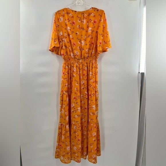 Rachel Roy floral maxi dress yellow short sleeve 10 ruffle hem smocked - Picture 7 of 16